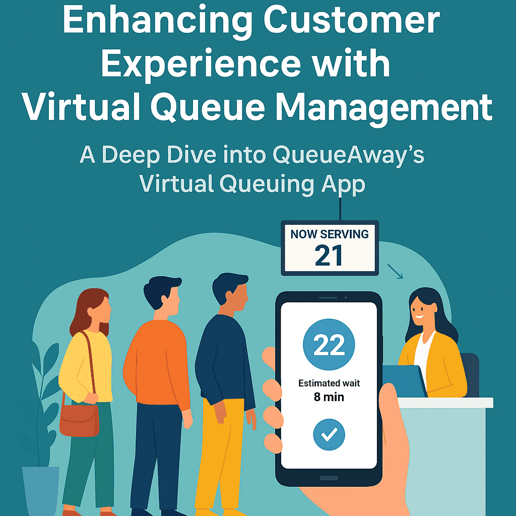 Flat-style digital illustration featuring customers using the QueueAway Virtual Queuing App on mobile devices, highlighting how Virtual Queue technology enhances service efficiency and customer satisfaction.