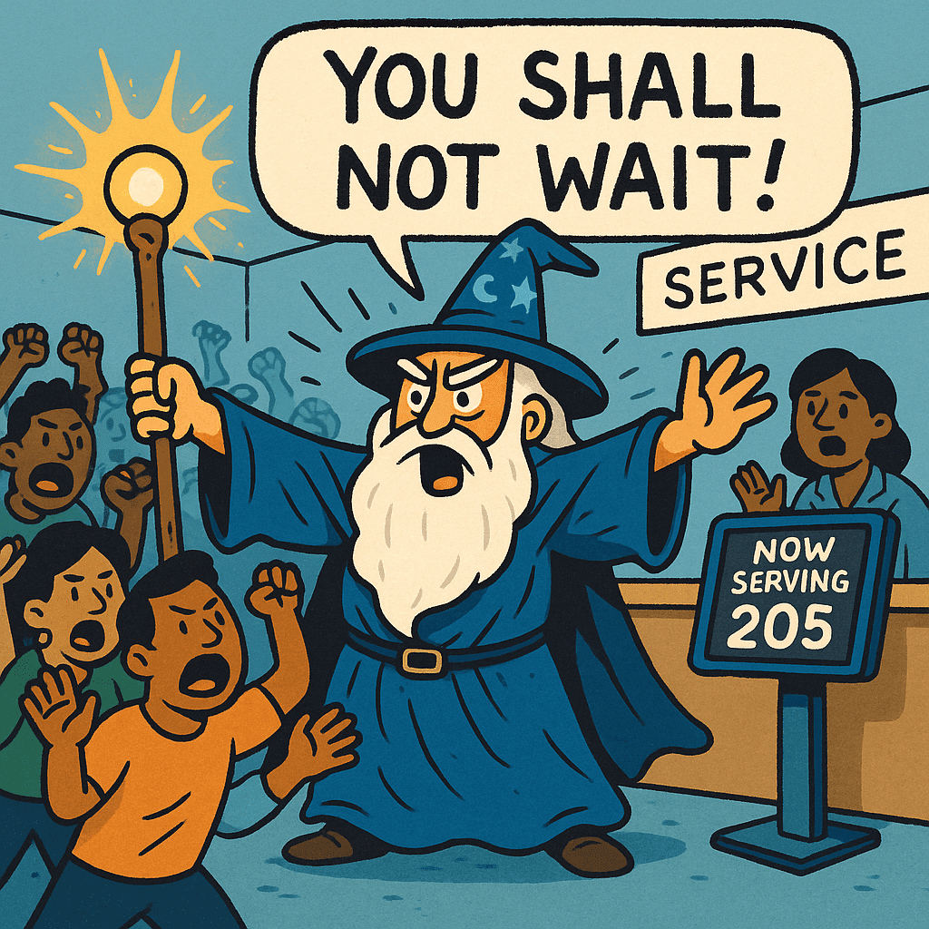 Cartoon wizard holding a glowing staff in a crowded service room, shouting “You shall not wait!” while managing the queue, representing how QueueAway turns chaos into efficient service.