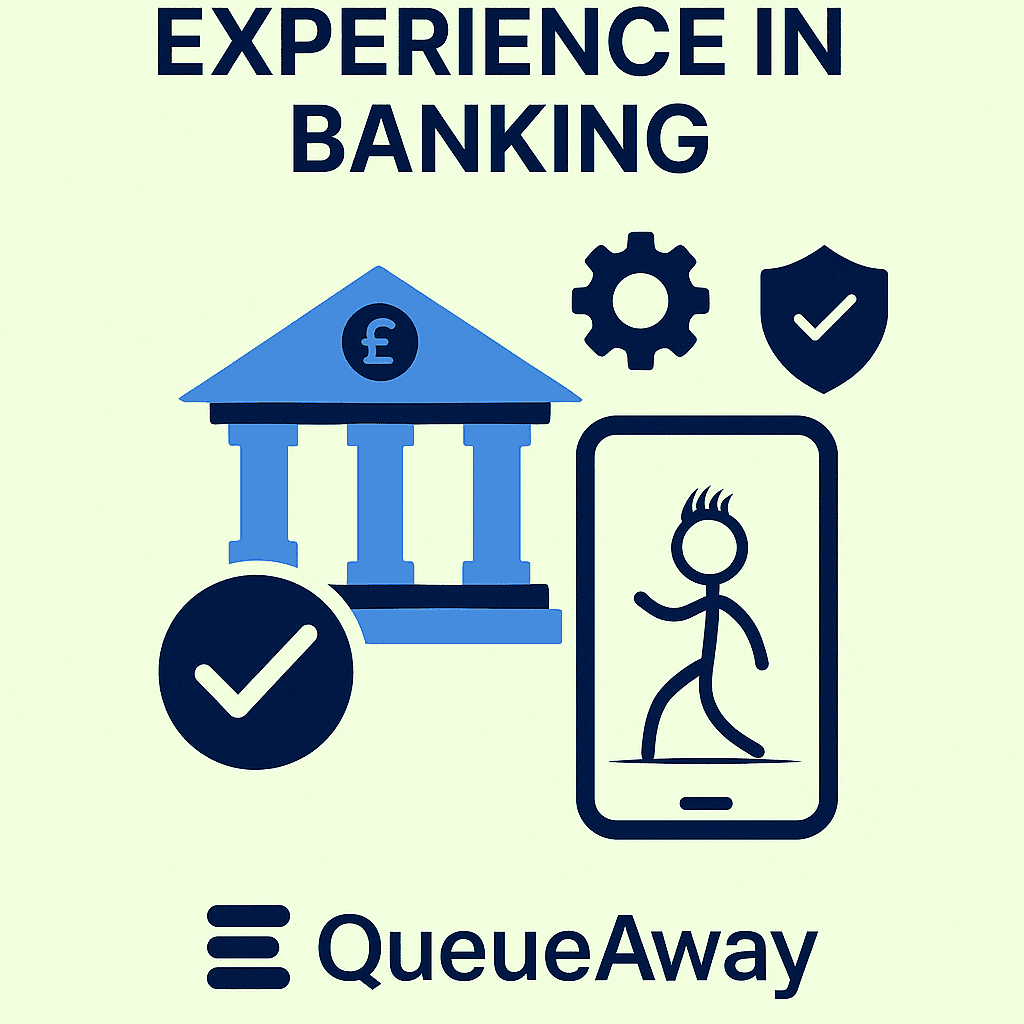 Flat digital graphic showing a modern bank, smartphone, checkmarks, gear, and shield icons, symbolizing the future of personalized, secure, and efficient banking experiences with QueueAway.