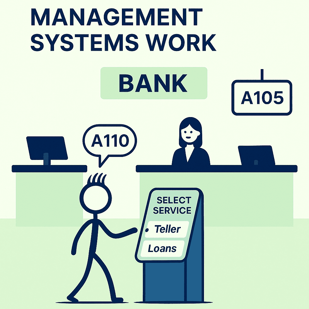 Flat digital illustration of a queue management system in a bank with a customer using a kiosk to select services, ticket number display, and tellers ready to assist—branded by QueueAway.