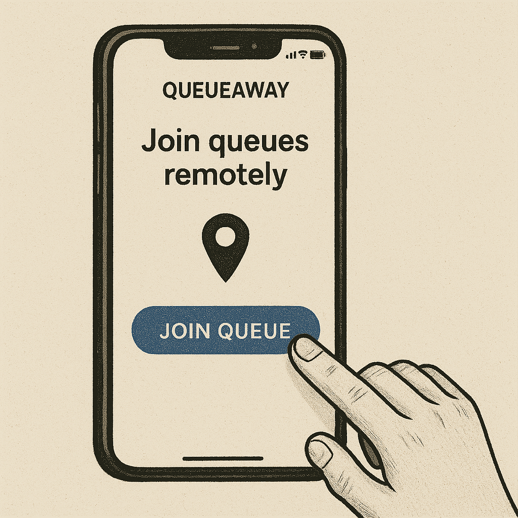 Smartphone screen displaying QueueAway app with a “Join Queue” button, showcasing a remote solution via an app for queue management.