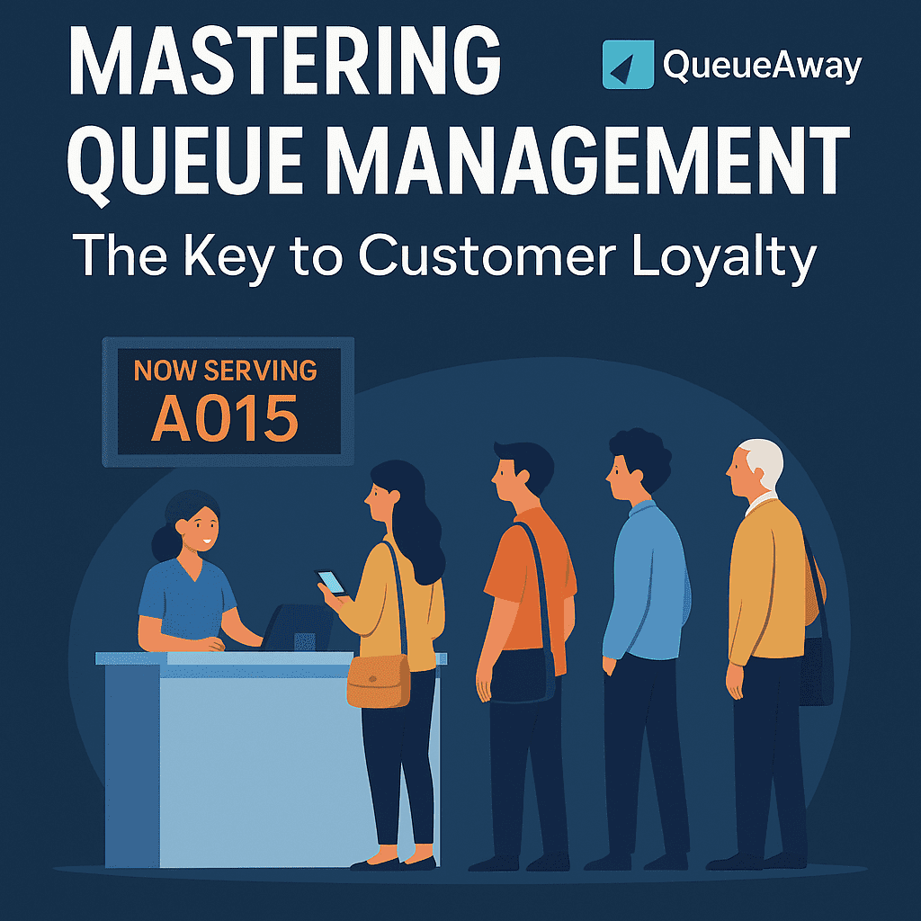 Promotional illustration featuring five people queuing at a service desk under a digital display with the title “Mastering Queue Management,” promoting QueueAway as a modern queue solution for better customer loyalty.