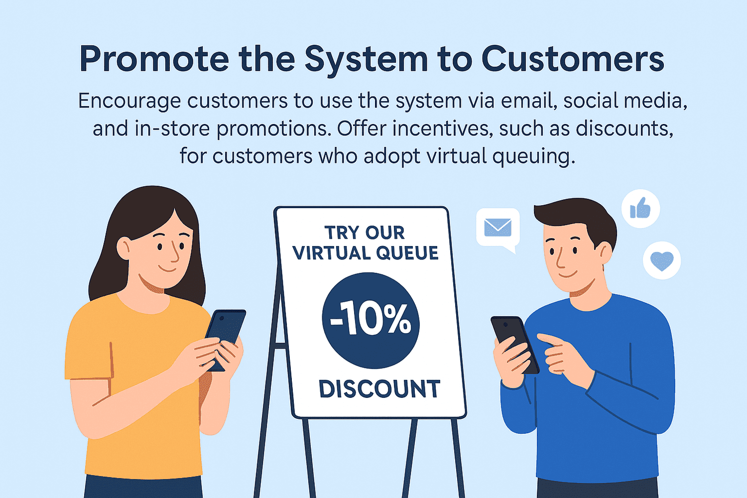 Illustration showing staff promoting a Virtual Queue system to customers through signage, mobile apps, and discounts, encouraging adoption of the Virtual Queuing App for a better experience.