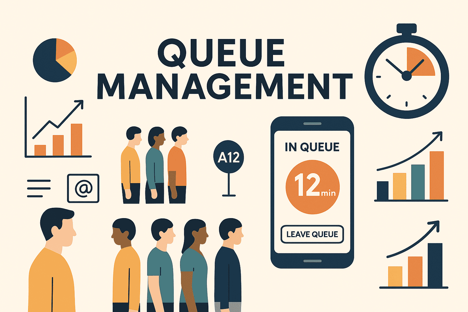 Infographic illustrating a queue management system app with features like virtual queuing, wait time tracking, mobile interface, and customer flow analytics.