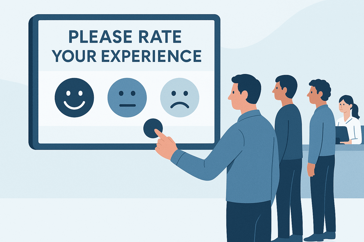 Customer rating their experience on a digital feedback screen while others wait in line at a customer service counter.