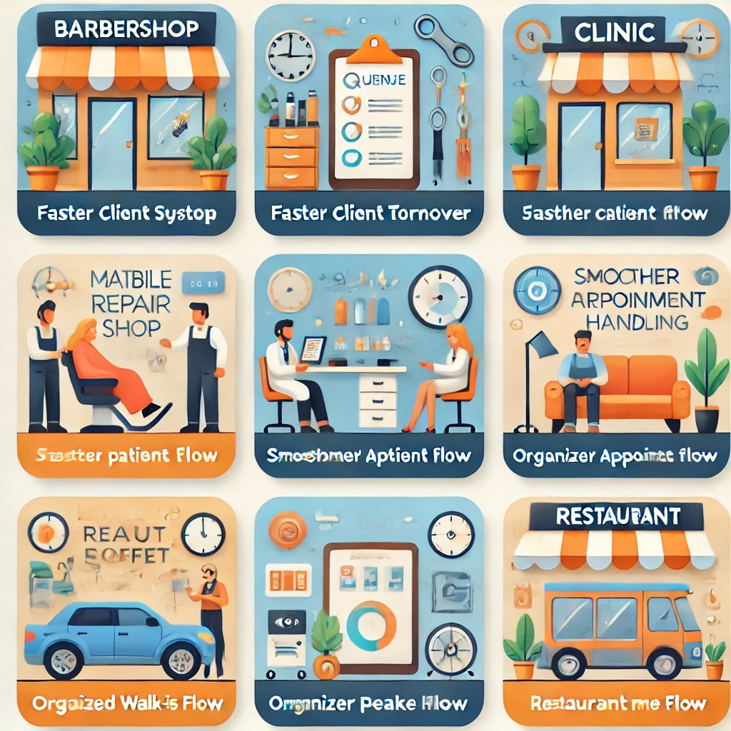 Barbershops, Clinics, Mobile repair stores, Beauty lounges, Restaurants — each with a small caption about the benefit they gain (e.g., “Faster client turnover” for barbershops).