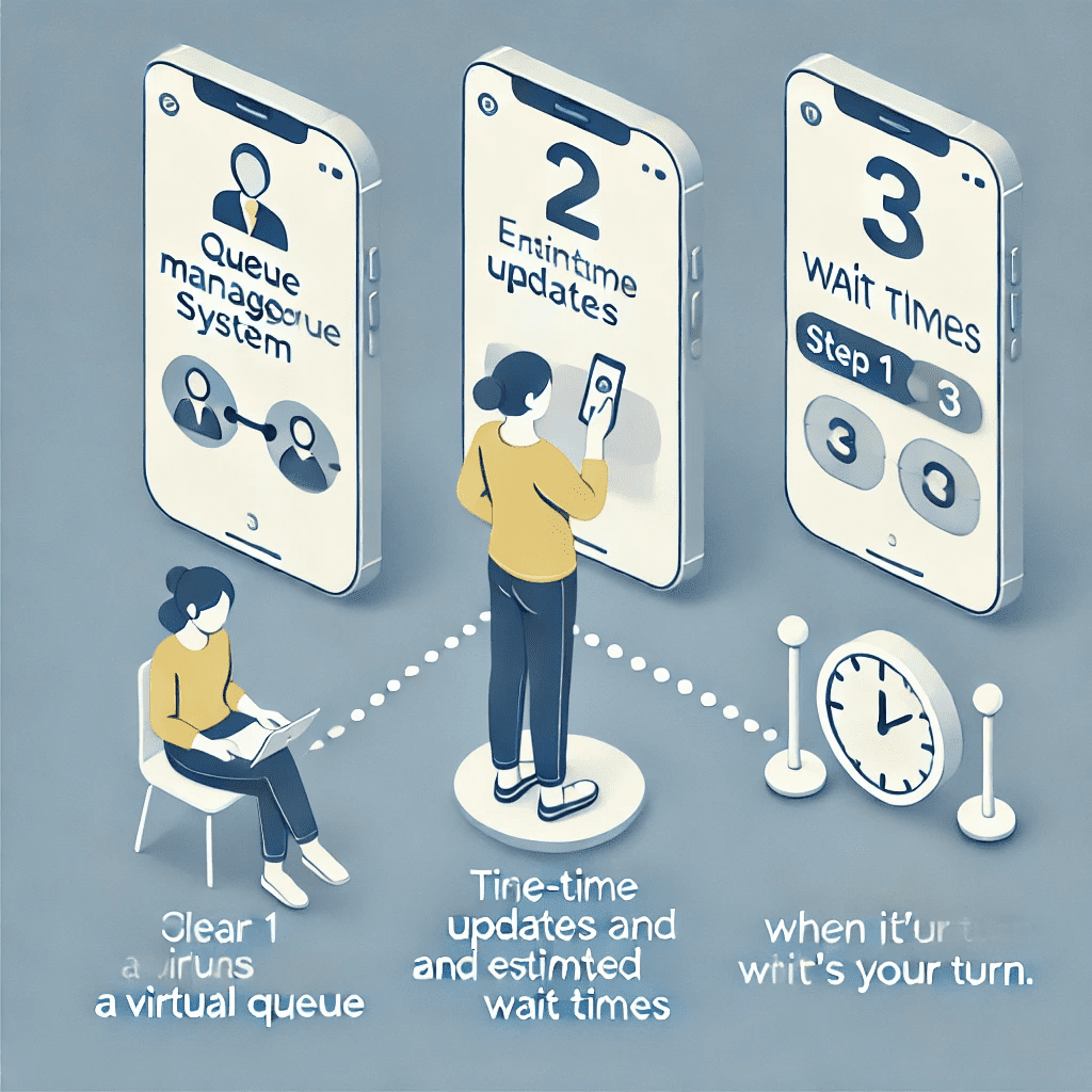 Customer joins virtual queue via phone/tablet. Real-time updates & wait time tracking. Customer notified when it’s their turn.