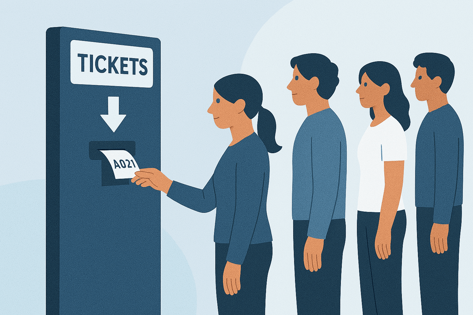 Queue management screen displaying 'Now Serving D010' with a customer being helped at a counter and others waiting their turn.