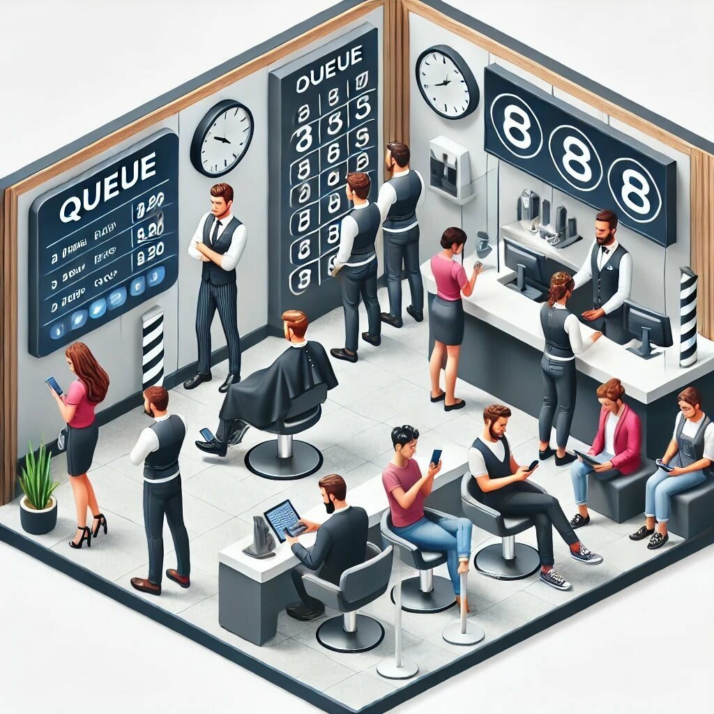 Queue management in use within a barbershop, showing customers waiting digitally and staff managing appointments efficiently with QueueAway.