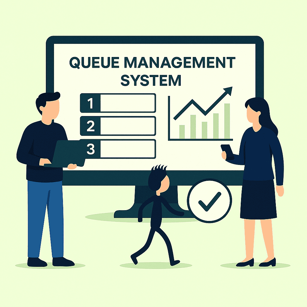 Illustration showing people interacting with a queue management interface on a large screen, representing challenges like system integration, training, and peak demand management—highlighting QueueAway’s comprehensive solutions.