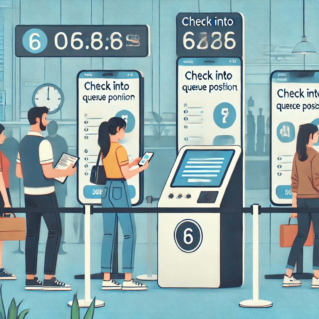 Illustration of a queue management system in a retail store. Customers use a digital kiosk and mobile app to check into a virtual queue while digital screens display their queue position, improving customer experience and reducing wait times.