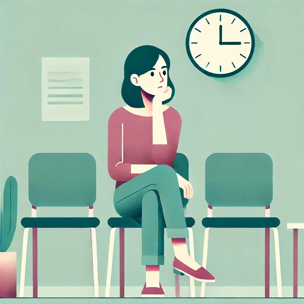 Queue management system lady waiting in a waiting area