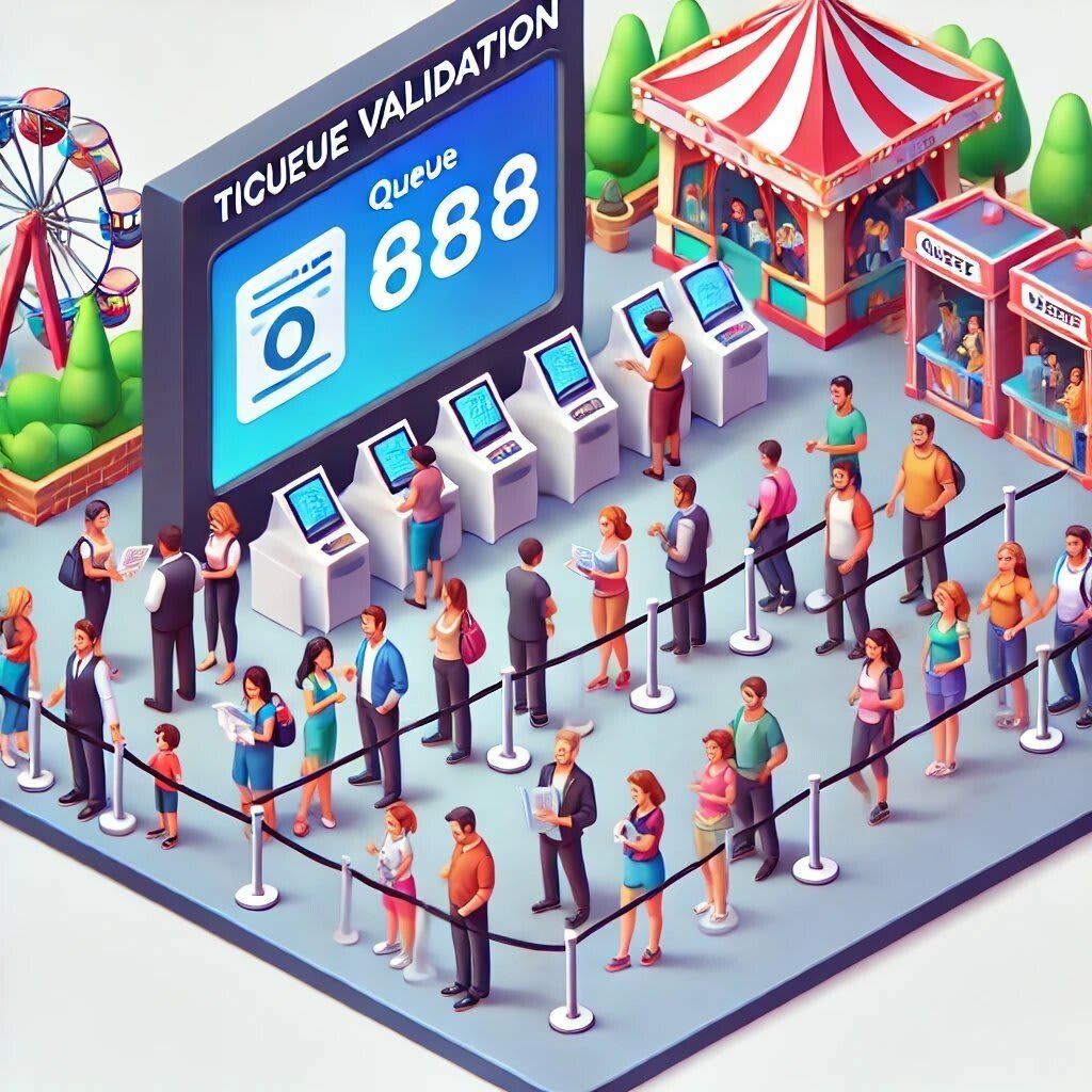 Image showing a queue management system like QueueAway in use in a theme park, where visitors check into rides digitally and receive real-time updates, improving guest experience and reducing physical lines.