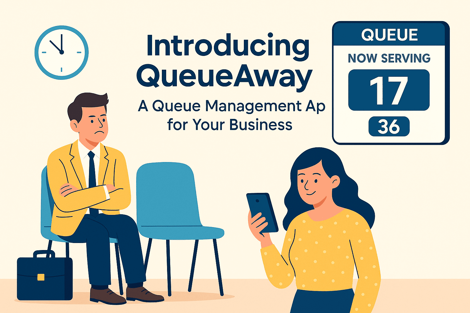 3D digital illustration showing happy customers and staff using the QueueAway app for queue system management, emphasizing reduced wait times, operational efficiency, and improved service experiences.