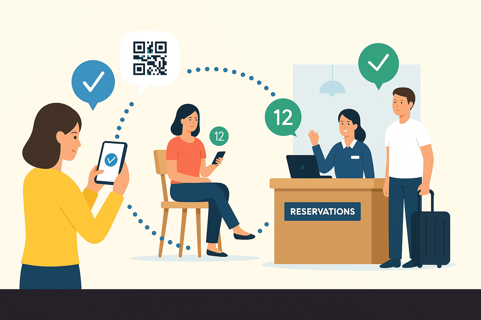 Flat-style digital illustration of guests at a hotel and restaurant using a mobile app for queue management, demonstrating how QueueAway improves reservation handling and walk-in coordination.