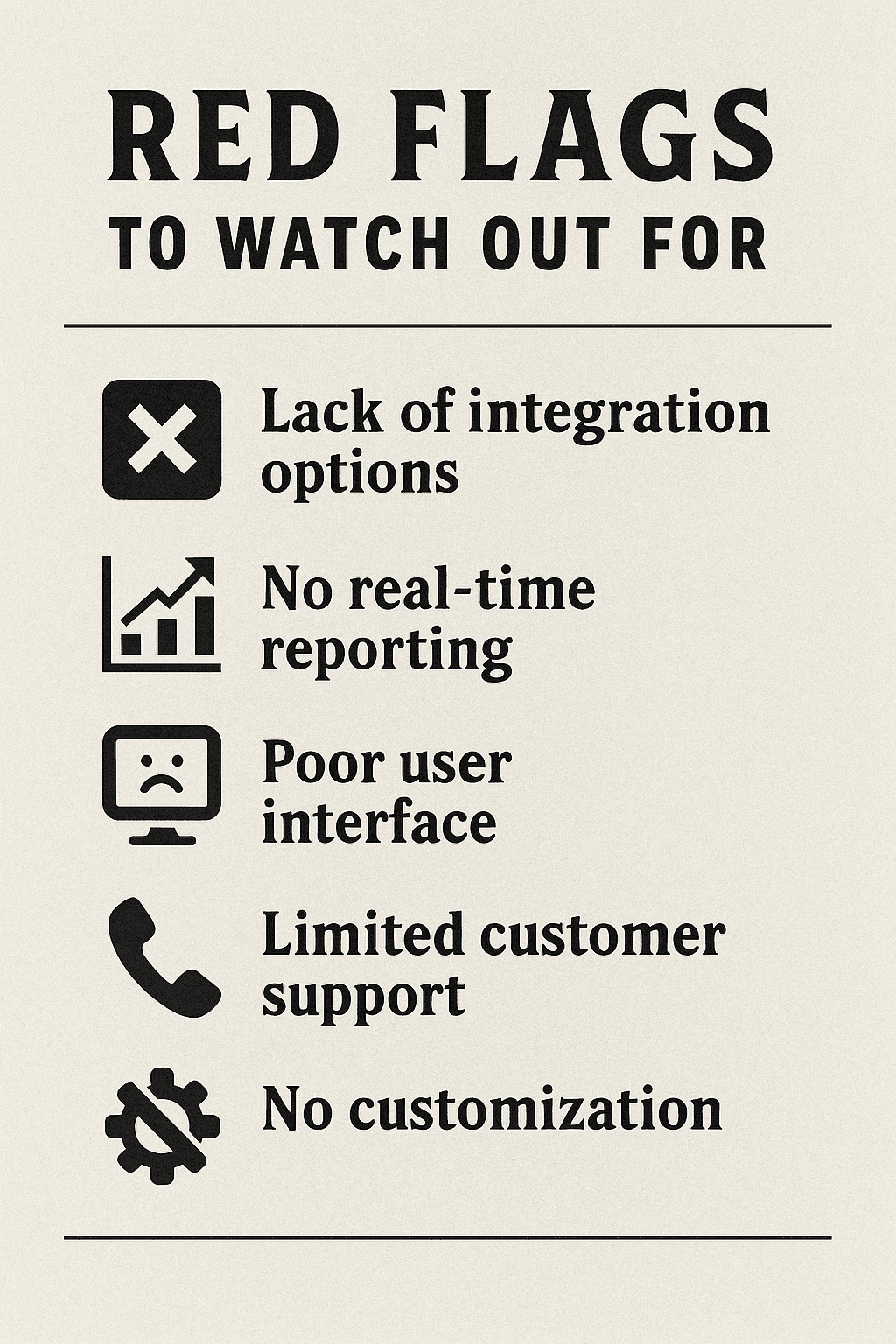 Black-and-white infographic listing red flags in queue management system software, including lack of integration, limited support, no customization, and poor user experience.