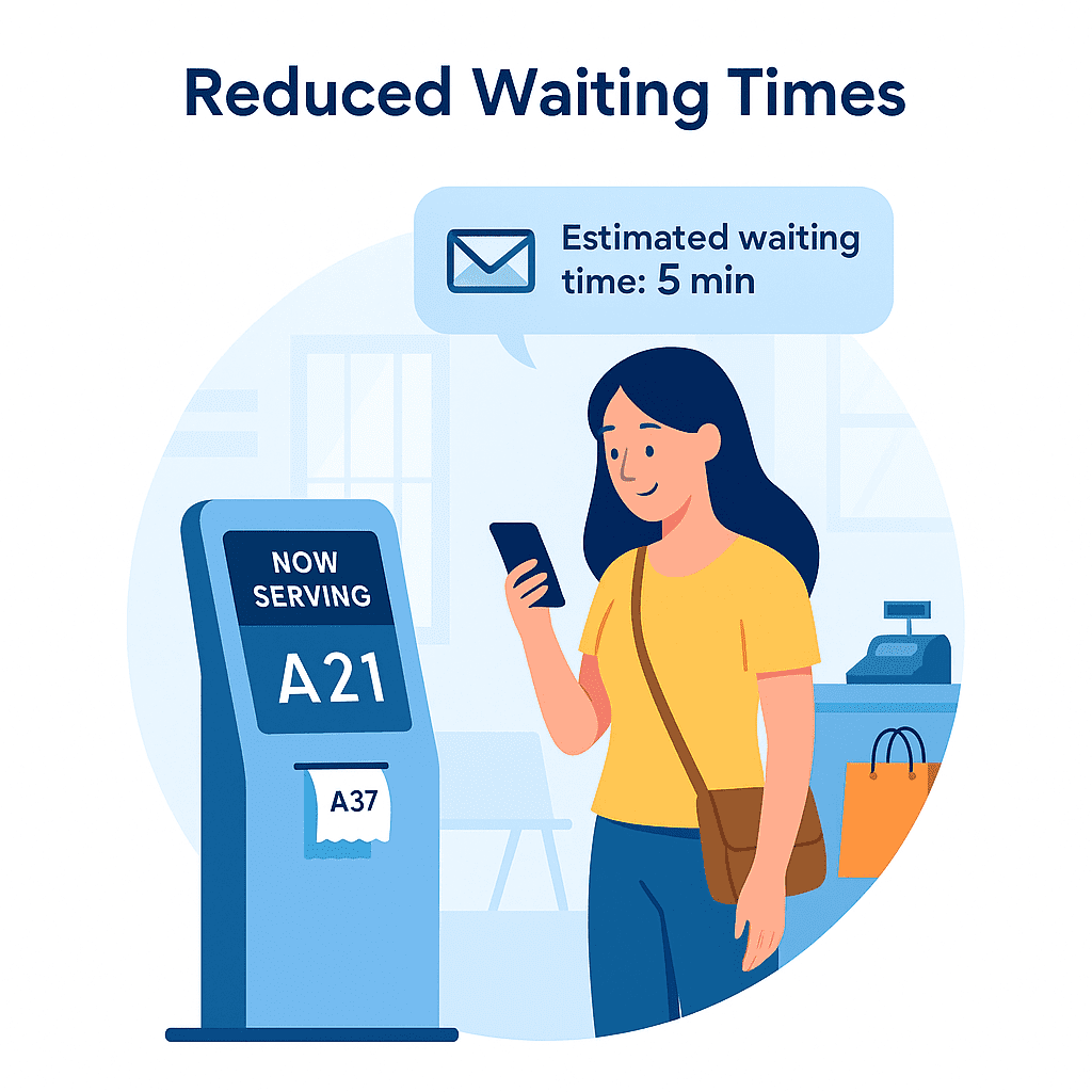 Illustration of a customer checking her estimated wait time via smartphone next to a digital kiosk, highlighting how queue management system software reduces wait times and anxiety, branded by QueueAway.