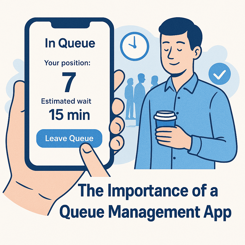 Happy customer sipping coffee while checking queue position on a mobile app, emphasizing the benefits of using an app for queue management.