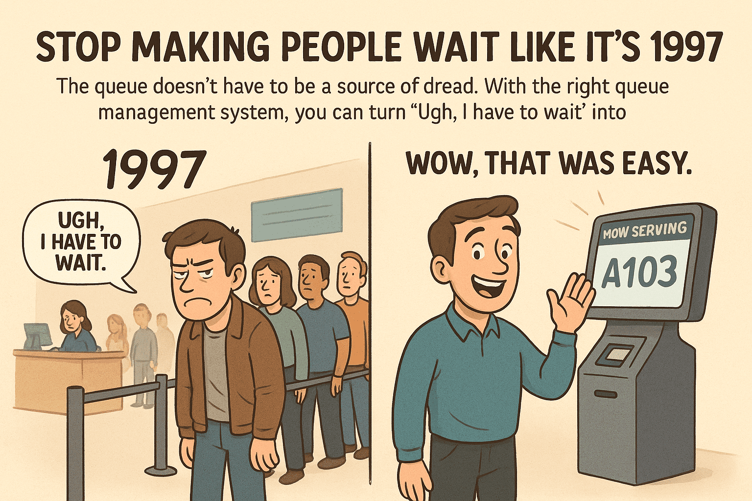 Cartoon-style digital illustration showing a stressed 1990s-style customer waiting in a chaotic queue beside a happy modern customer using a smartphone with QueueAway, highlighting the benefits of queue management system software.