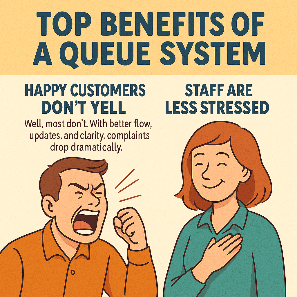 Colorful cartoon-style illustration showing relaxed customers and smiling staff behind a service counter, representing how a queue management system reduces complaints and workplace stress—branded by QueueAway.