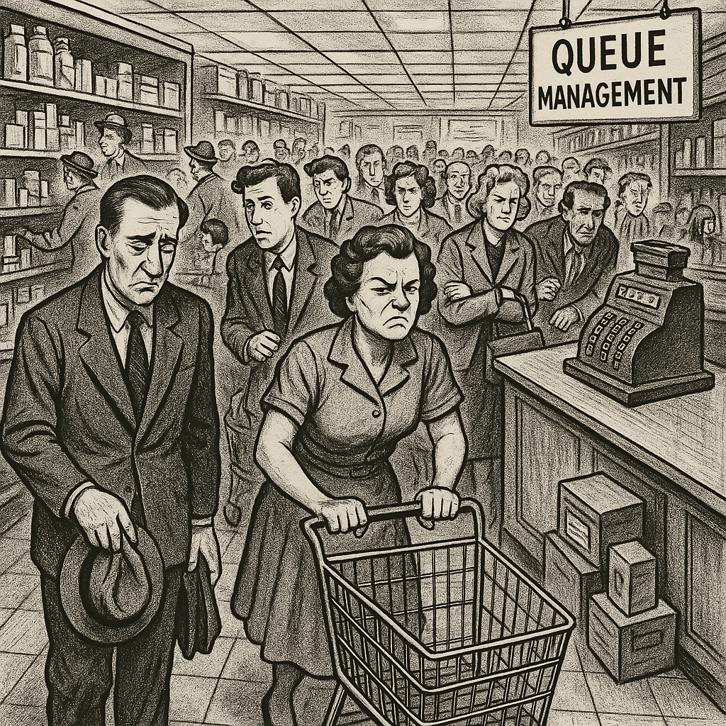 Frustrated customers waiting in a long queue inside a vintage retail store, representing the need for an app for queue management.