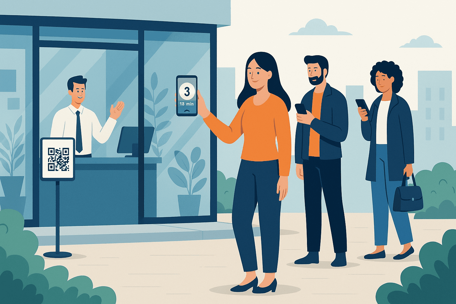 Flat-style illustration showing diverse customers interacting with digital devices in a modern service environment, visually representing the benefits of virtual queuing and a virtual queue management system.