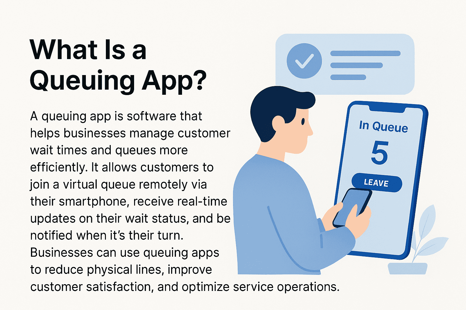 Illustration showing a person using a queuing app on their smartphone with real-time queue updates. Demonstrates how QueueAway's queue management system app allows customers to wait remotely and efficiently.