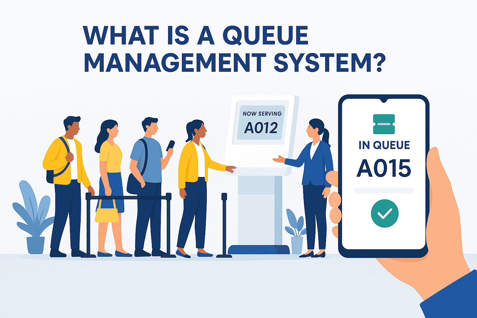 Flat-style digital illustration of diverse customers being guided through a streamlined queue by a digital kiosk and mobile app, visually explaining how an app for queue management system improves service efficiency.