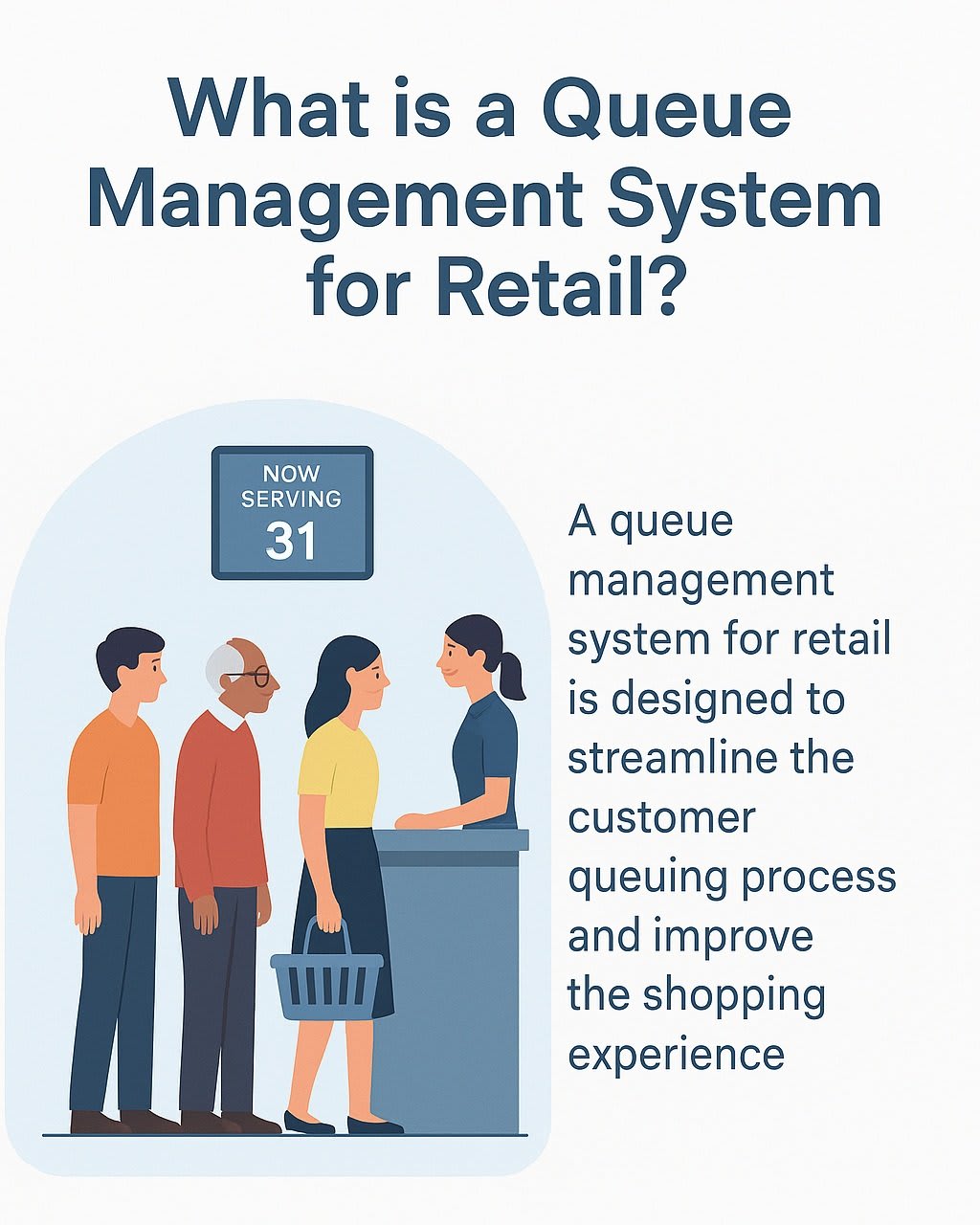Illustration explaining a queue management system in retail, featuring a staff member assisting shoppers in line under a digital queue screen.