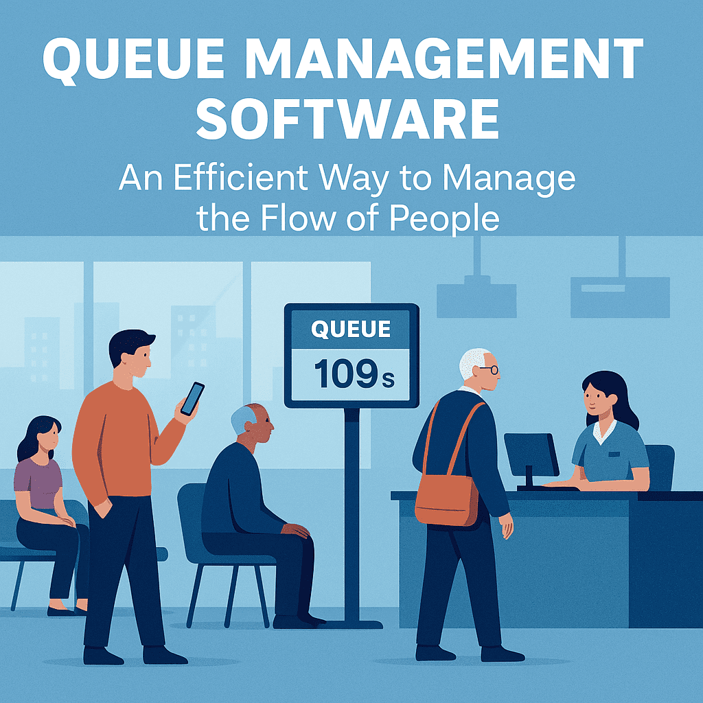 Digital illustration showing customers in healthcare, retail, and banking settings using an app for queue management software to avoid long wait times and improve service experiences.