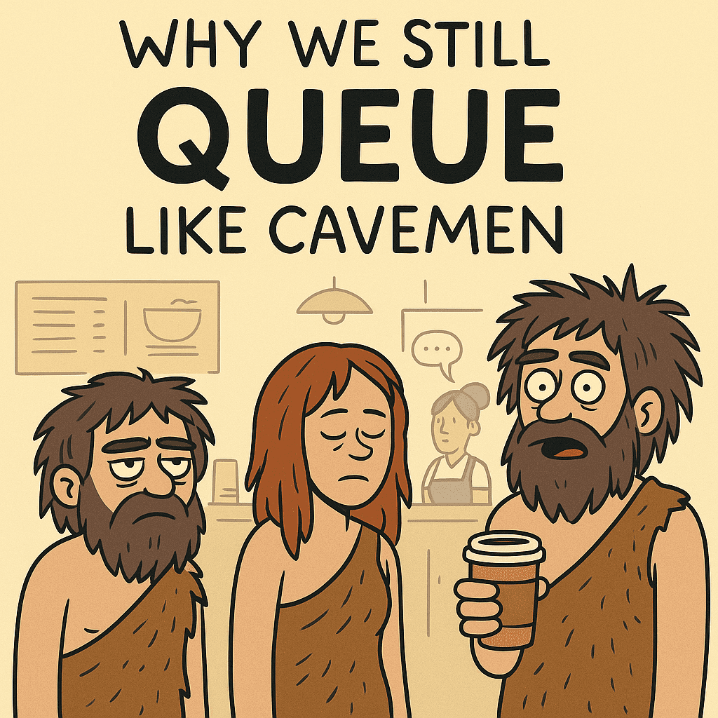 Cartoon illustration of cavemen queuing in a modern coffee shop under the caption “Why We Still Queue Like Cavemen,” humorously highlighting the need for a digital queue management system in today’s fast-paced world.