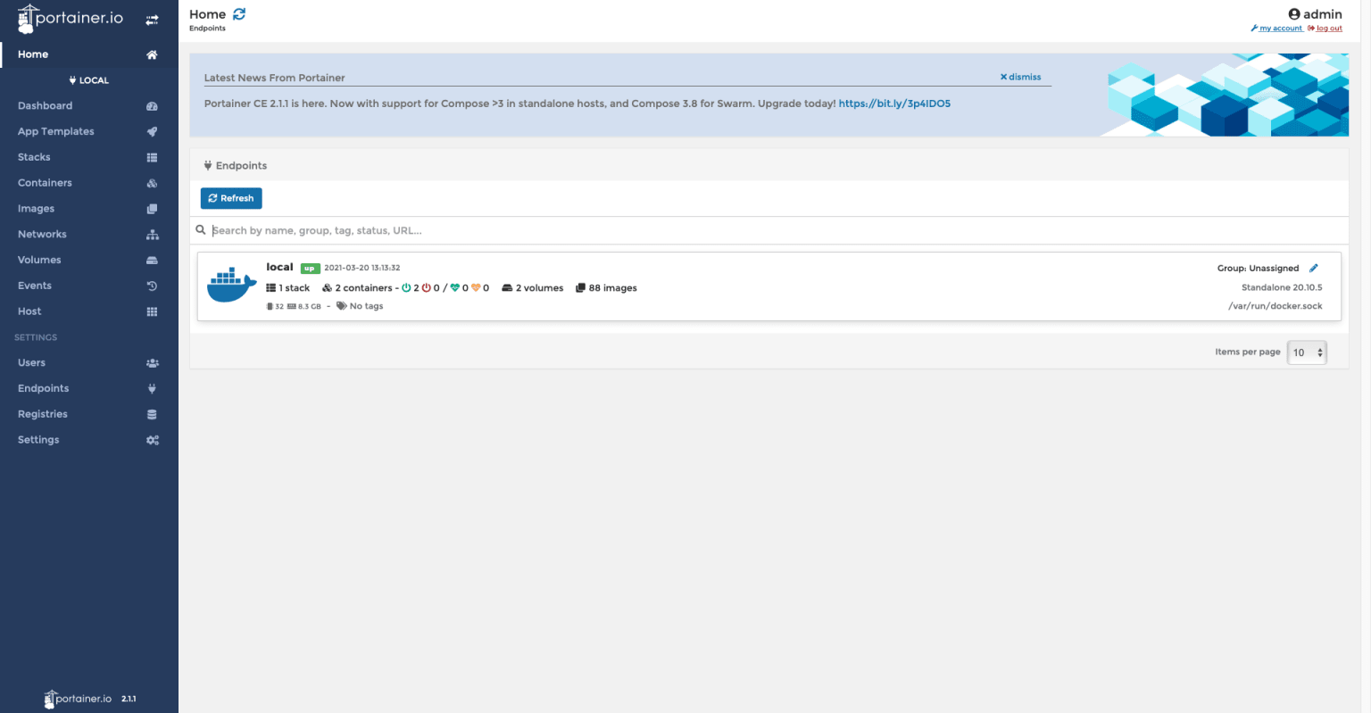 Portainer home page