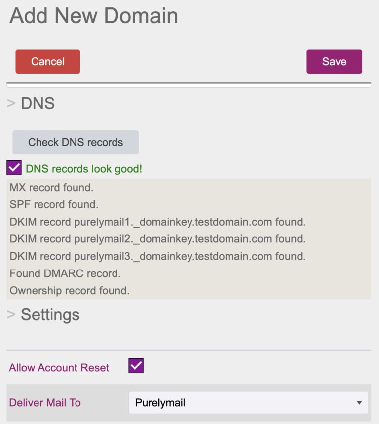 PurelyMail DNS check