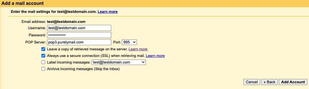 GMail POP3 configuration