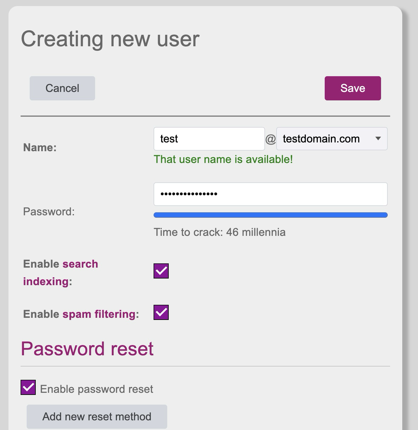 PurelyMail creating new user