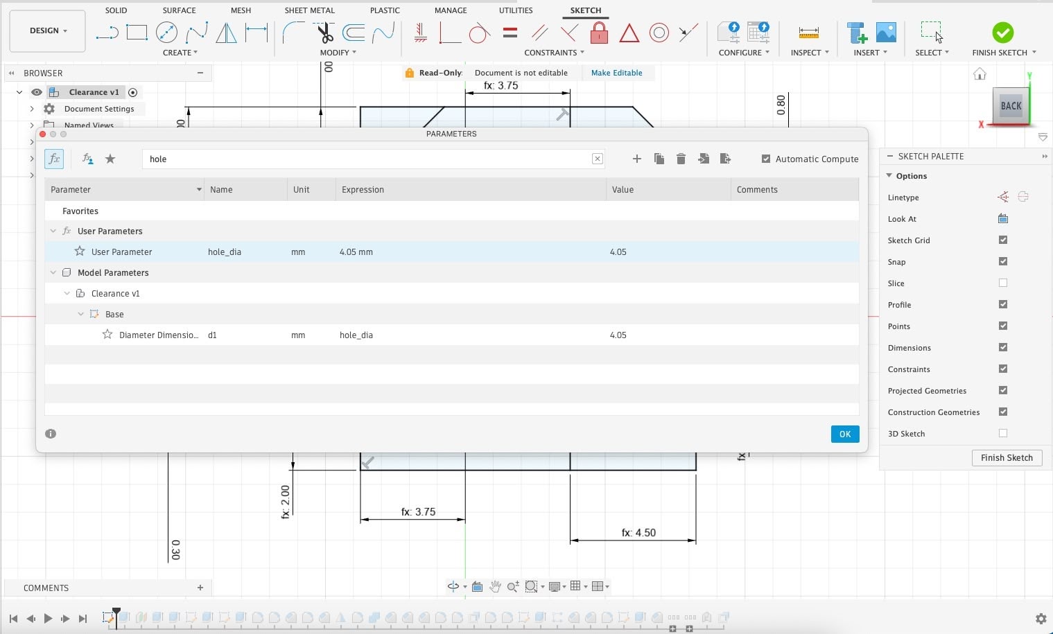 Changing belt clip diameter parameter