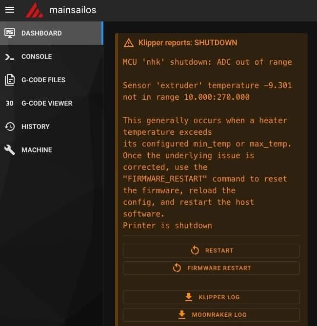 Mainsail error message