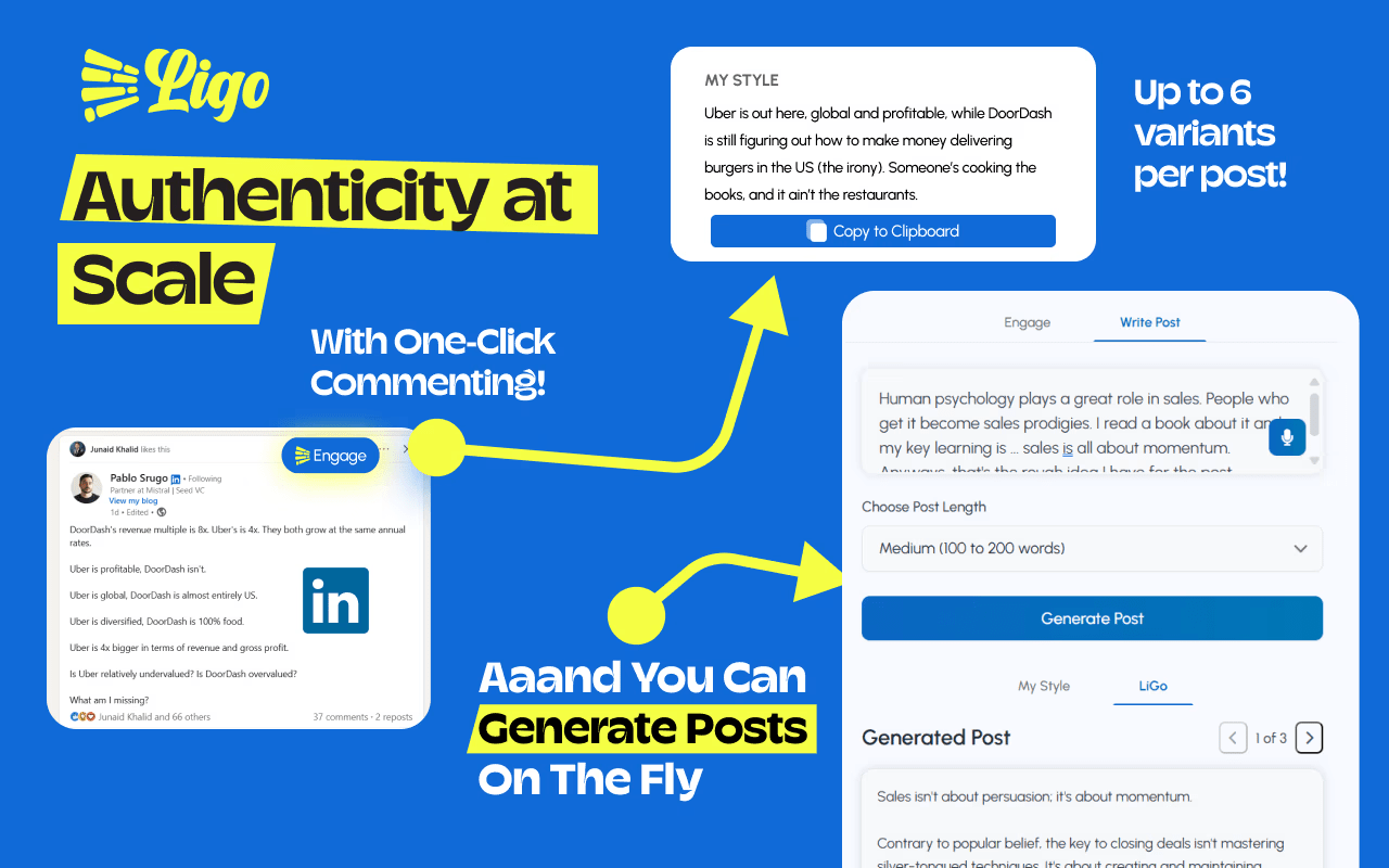 LiGo Chrome Extension interface showing safe LinkedIn commenting tool