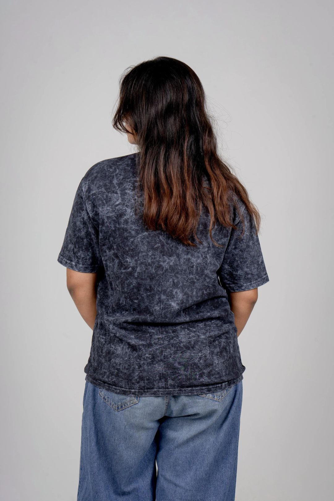 Solid Cotton Round Neck Acid Wash Oversized T-Shirt - Black (Acid Wash)
