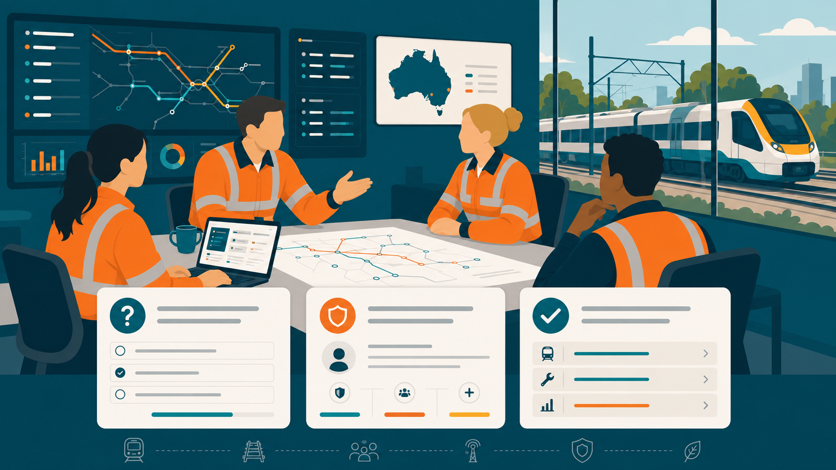 Rail workers in a safety planning and assessment meeting