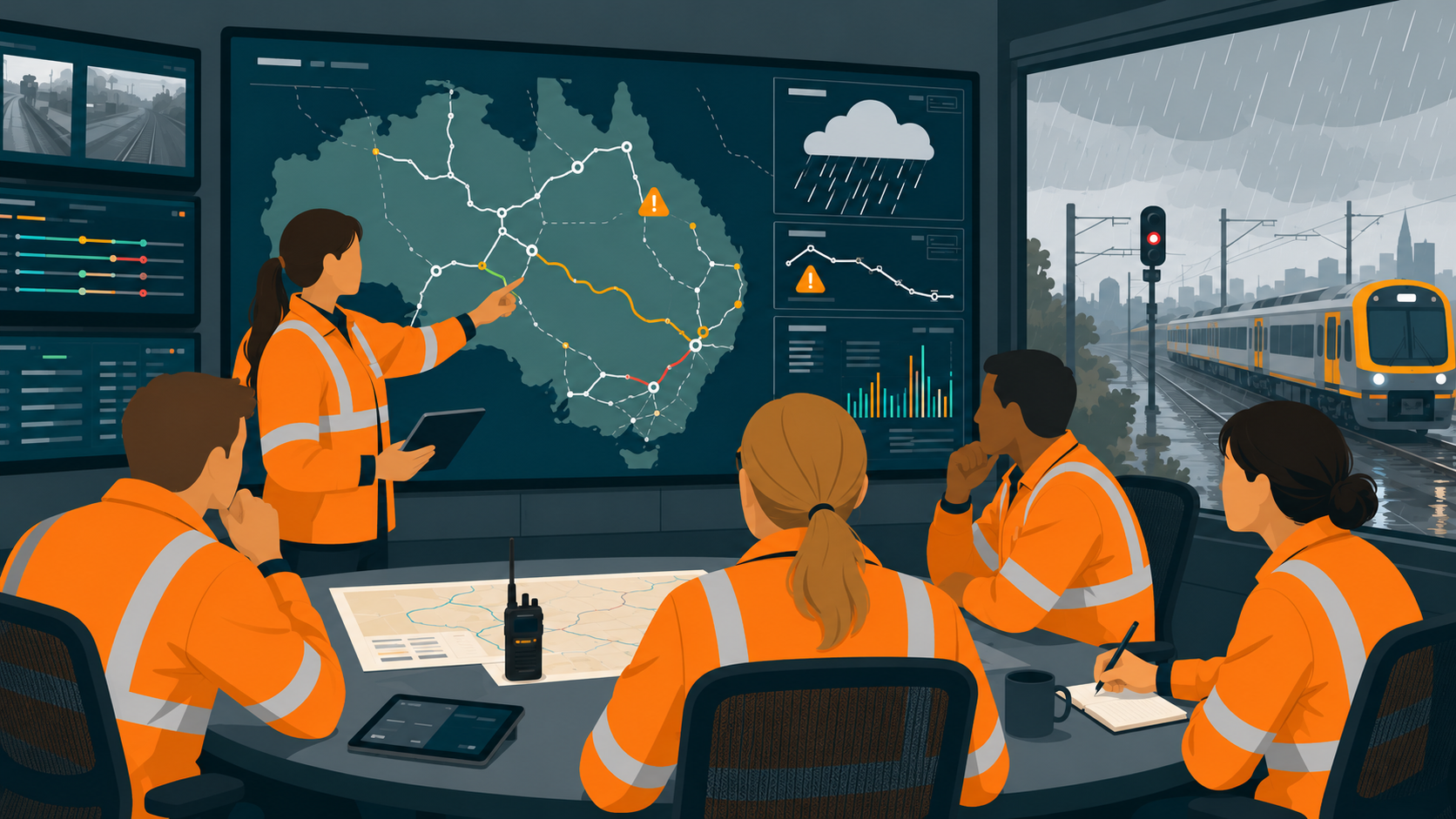 Rail team in an emergency response and weather incident briefing