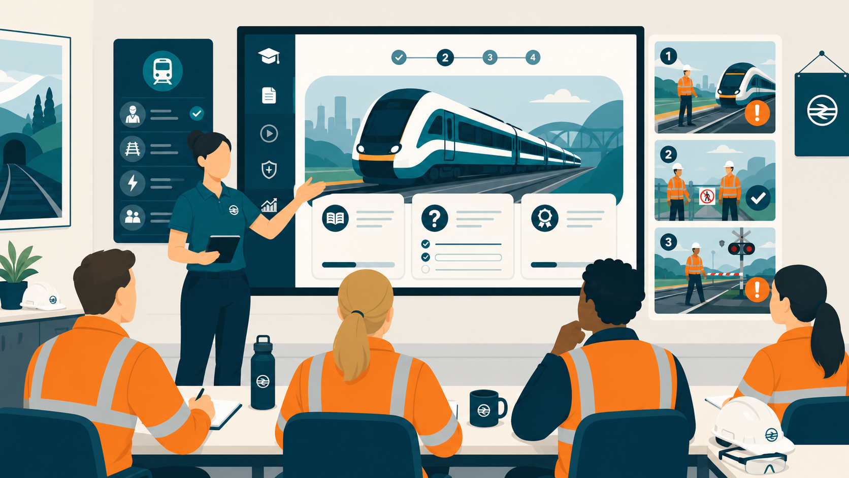 Rail safety training session in a classroom with digital content