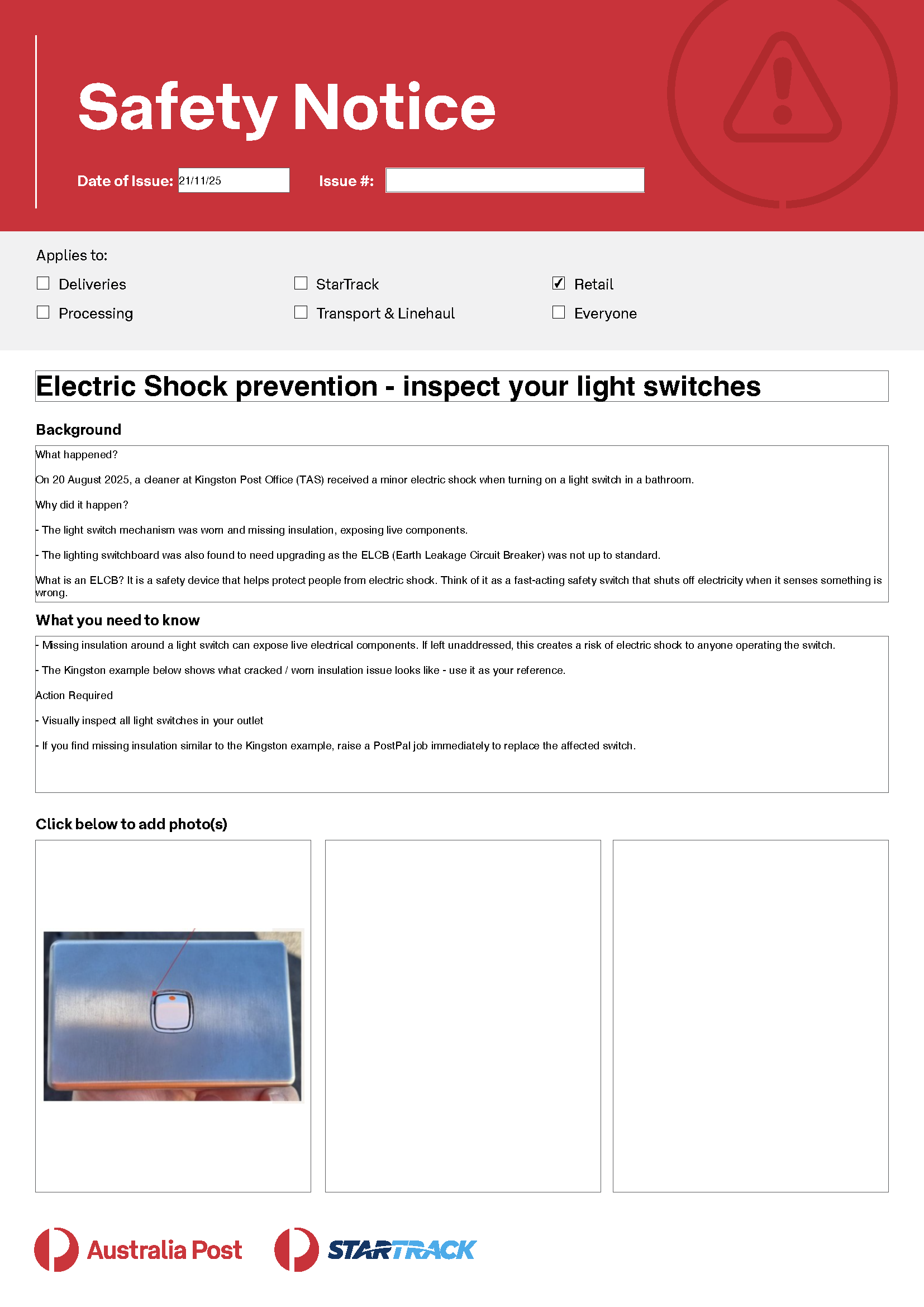Electric Shock Safety Notice