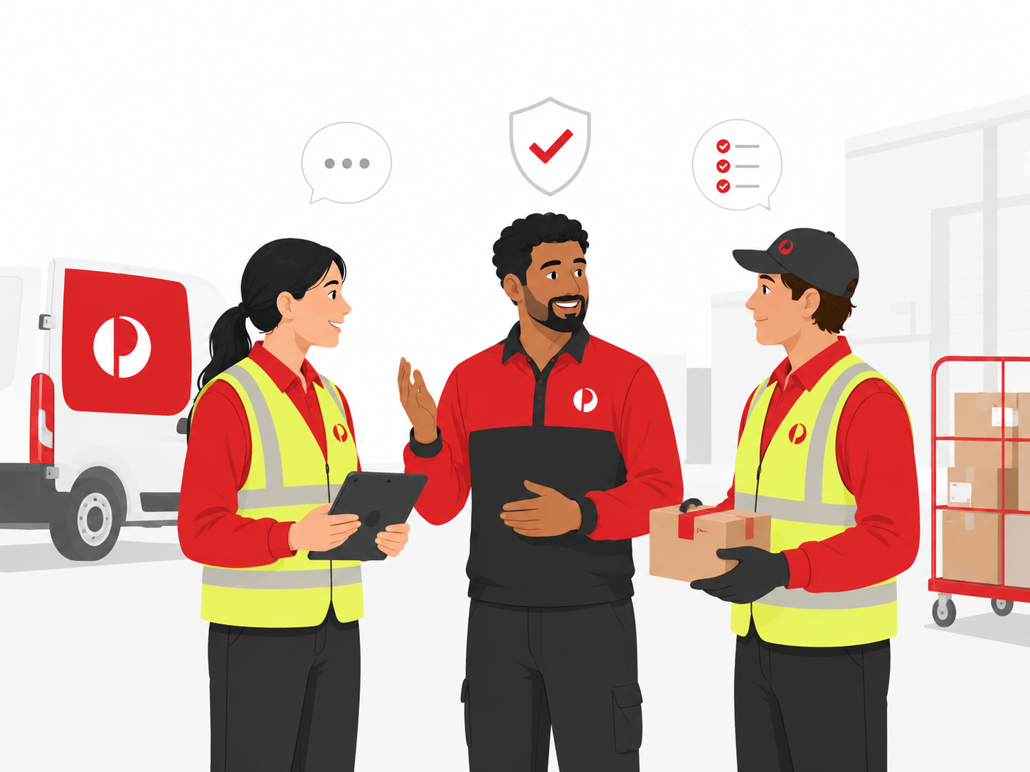 An Australia Post worker holding a phone showing safety guidance