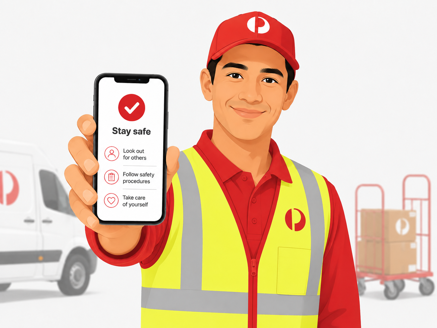 Three Australia Post team members in conversation with safety, communication and checklist icons