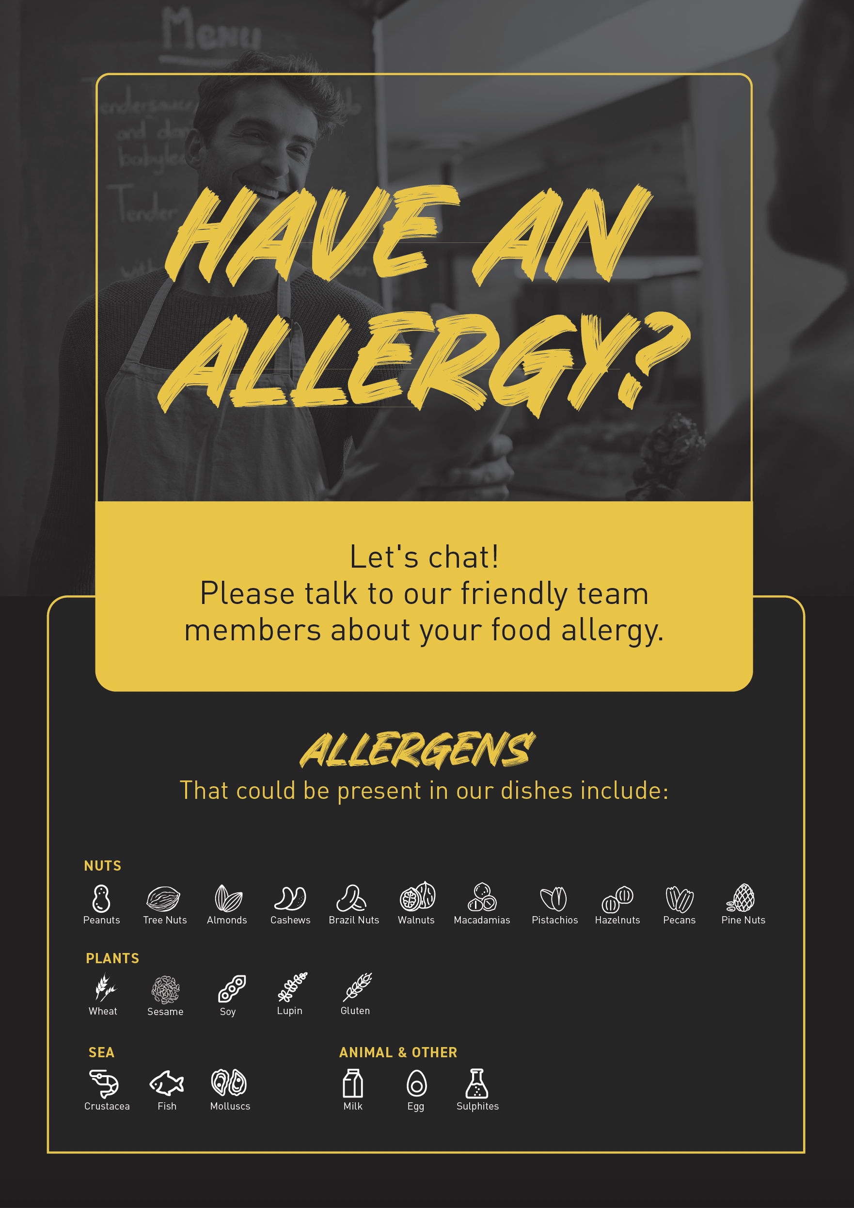 Compass Group allergen reference tool showing nuts, plants and sea categories with clear icons