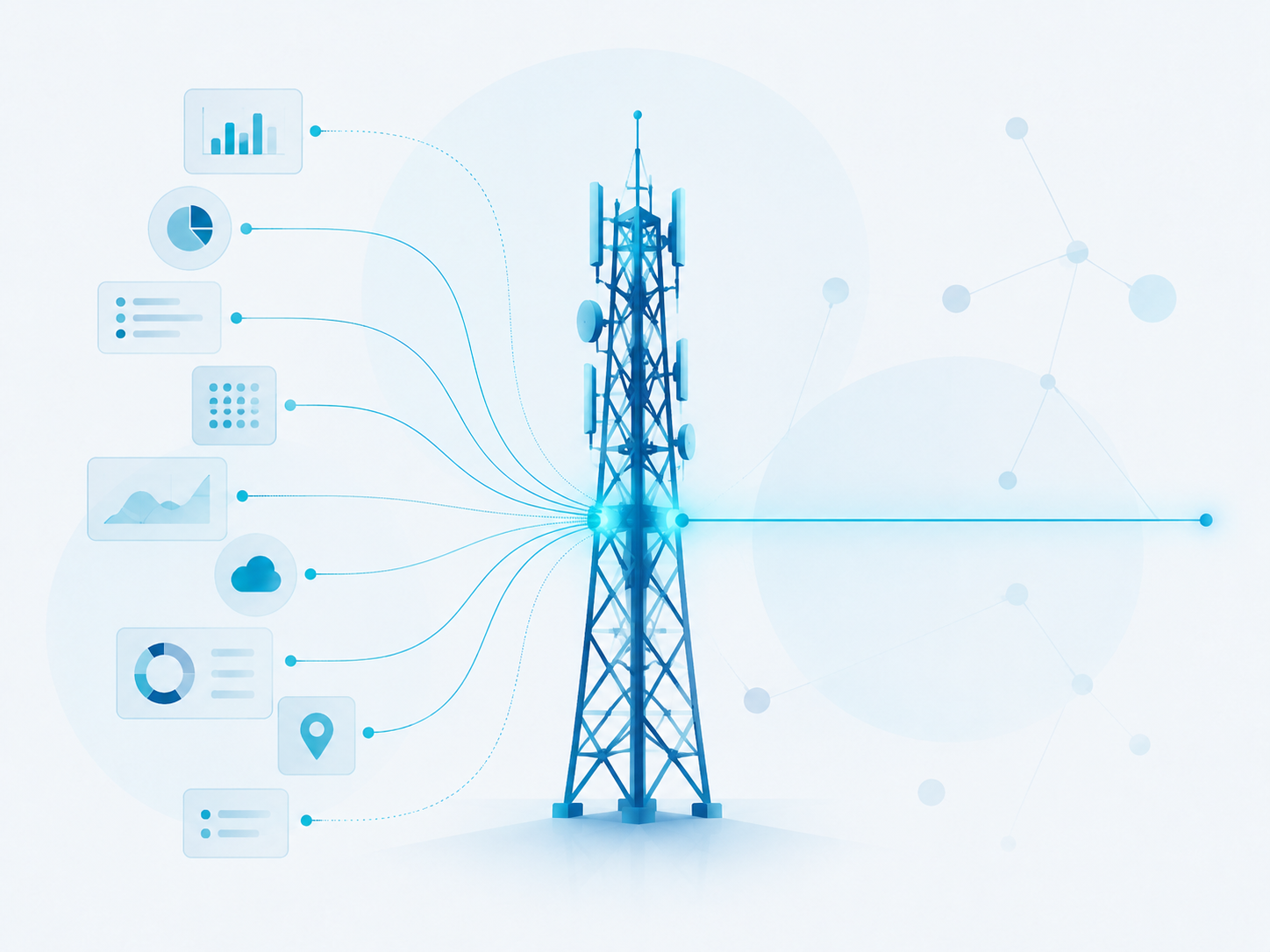 Illustration of a telecommunications tower rising above a connected landscape