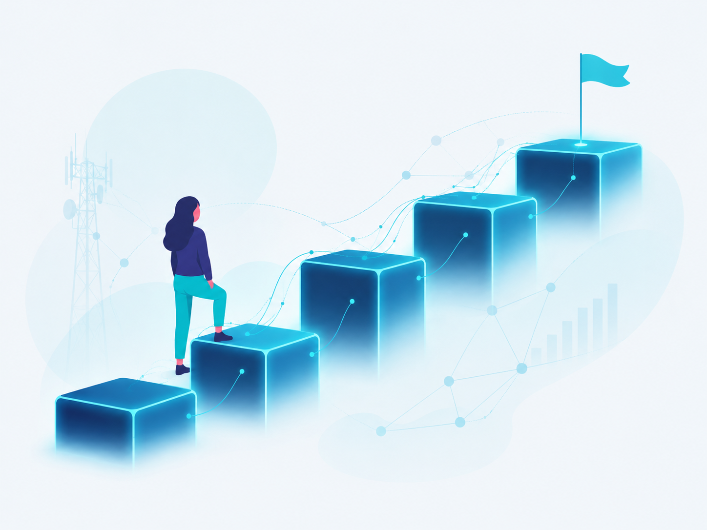 Illustration of five figures climbing from the Emerging step towards the Defined step of a maturity staircase