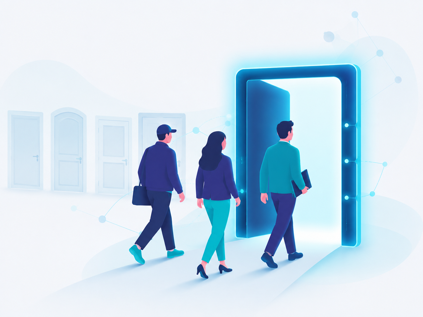 Illustration of operators, landlords, and suppliers each entering through a single dedicated front door