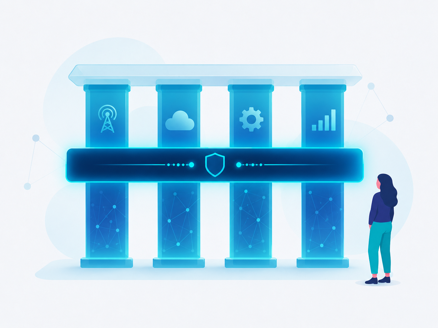 Illustration of four pillars with a governance beam spanning across them